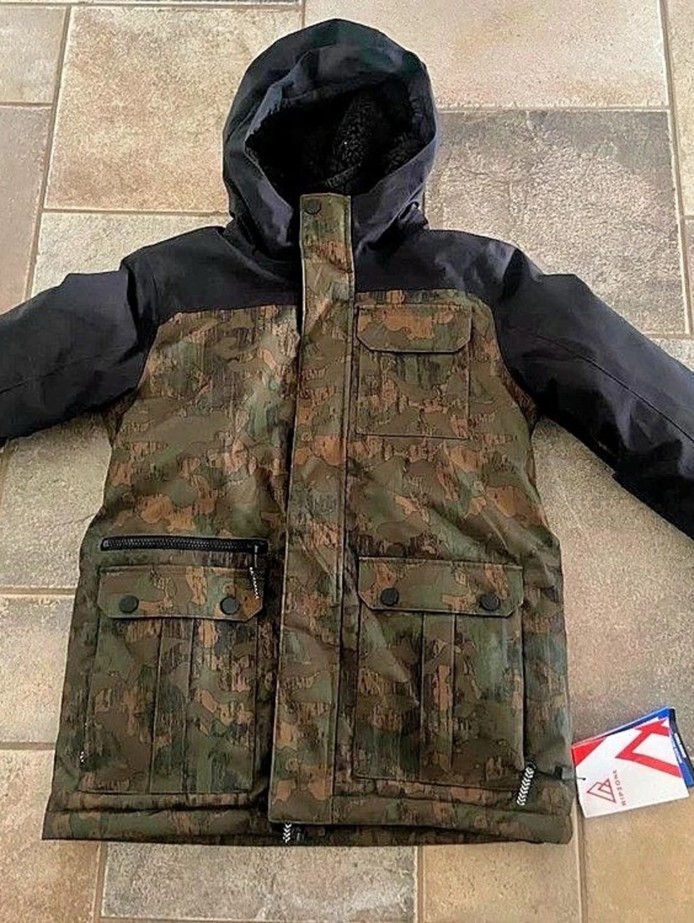 RIPZONE Men's Camo Hooded Jacket Black & Brown Size youth Large
